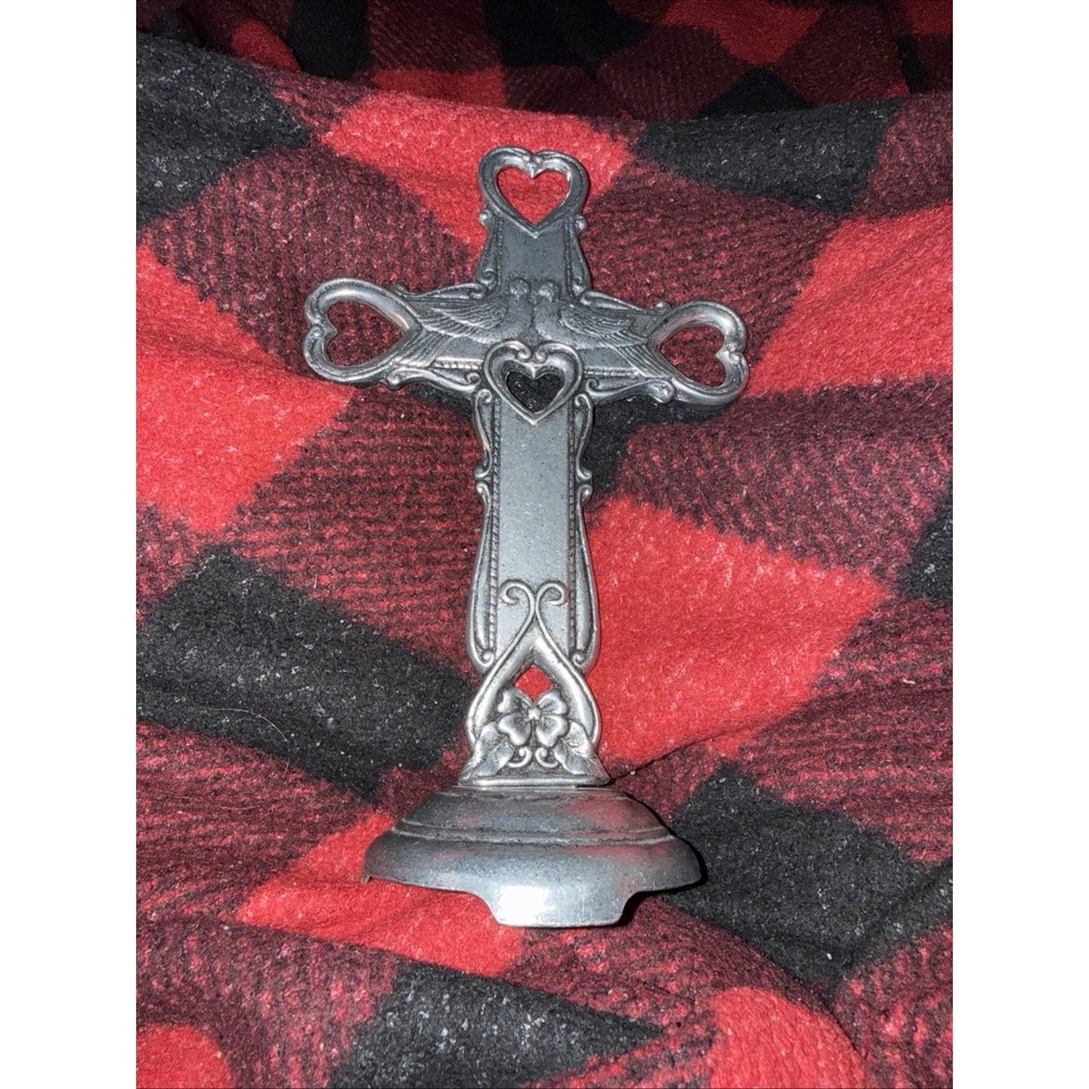 Vintage Cross Pedestal Carson Silver Tone Stand With Doves & Hearts
